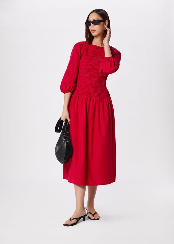 Red Smocked Bodice Midi Dress