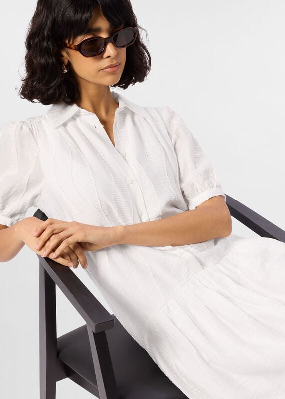 White Textured Drop Waist Midi Dress