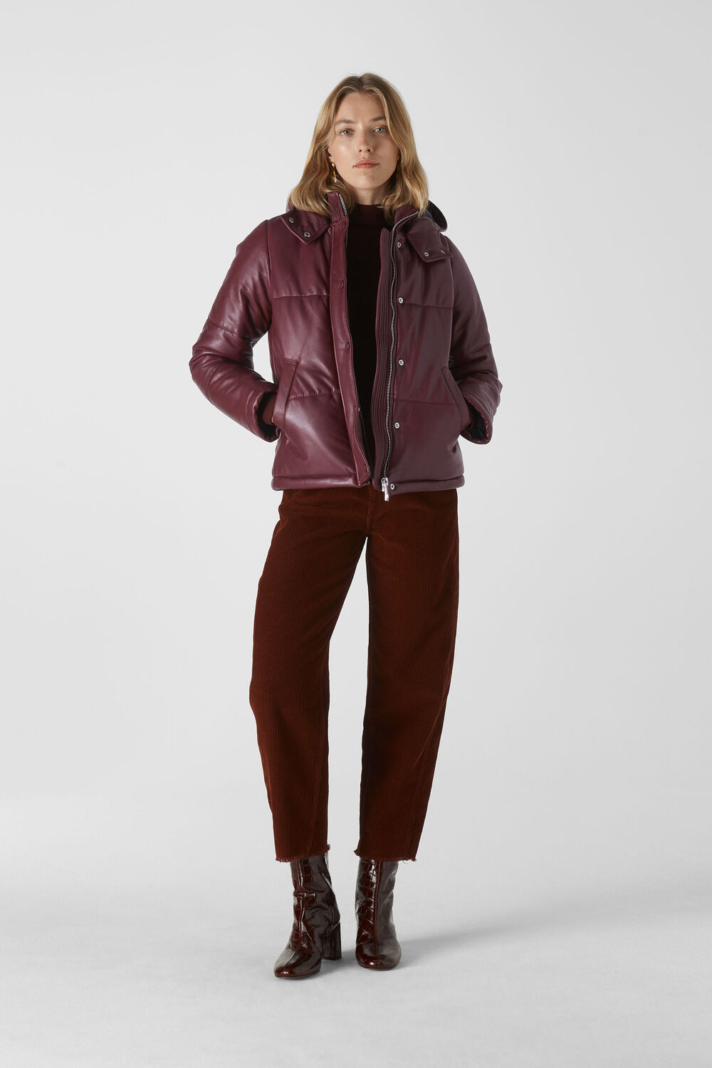 Leather Puffer Jacket Burgundy