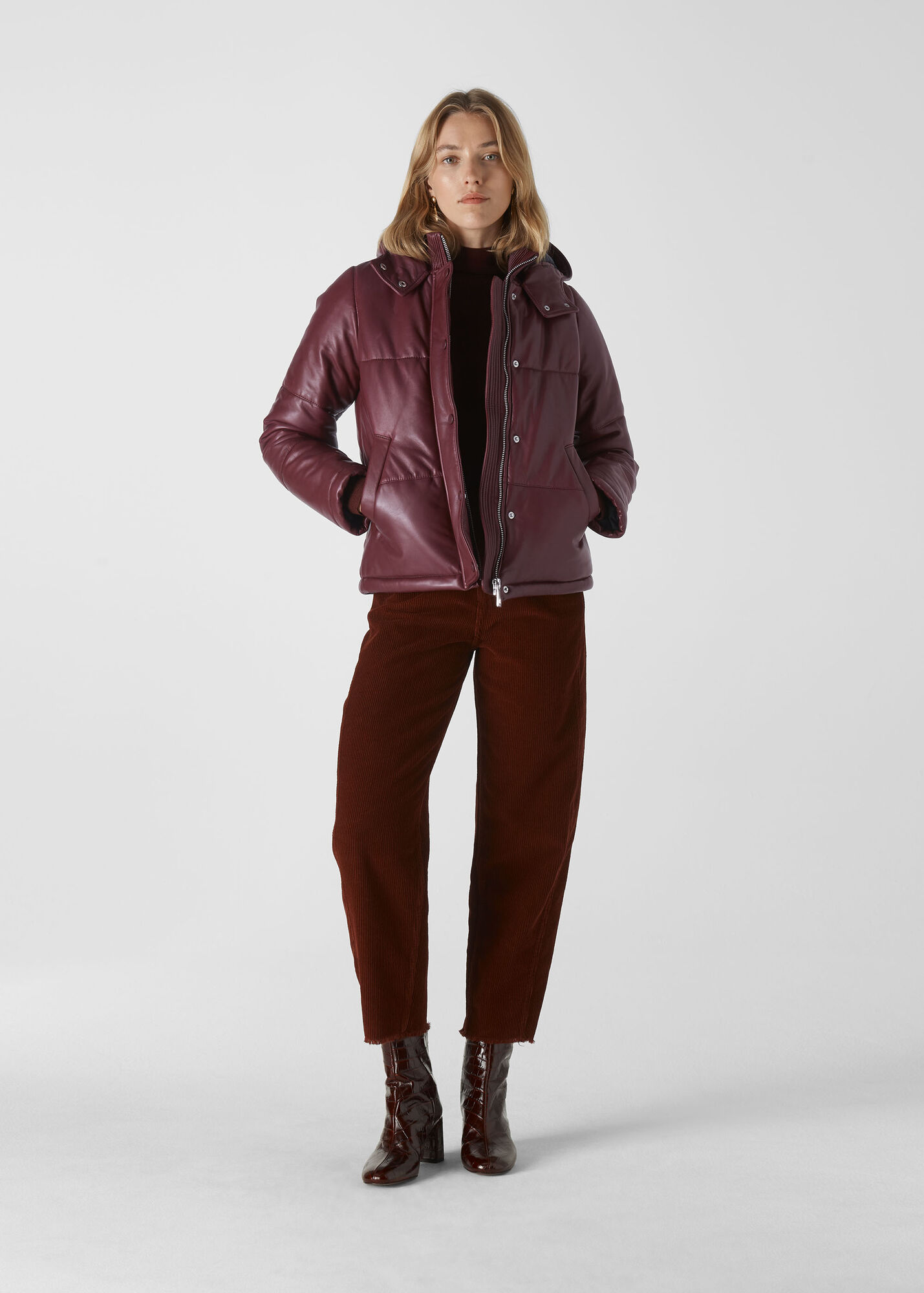 Burgundy Leather Puffer Jacket WHISTLES