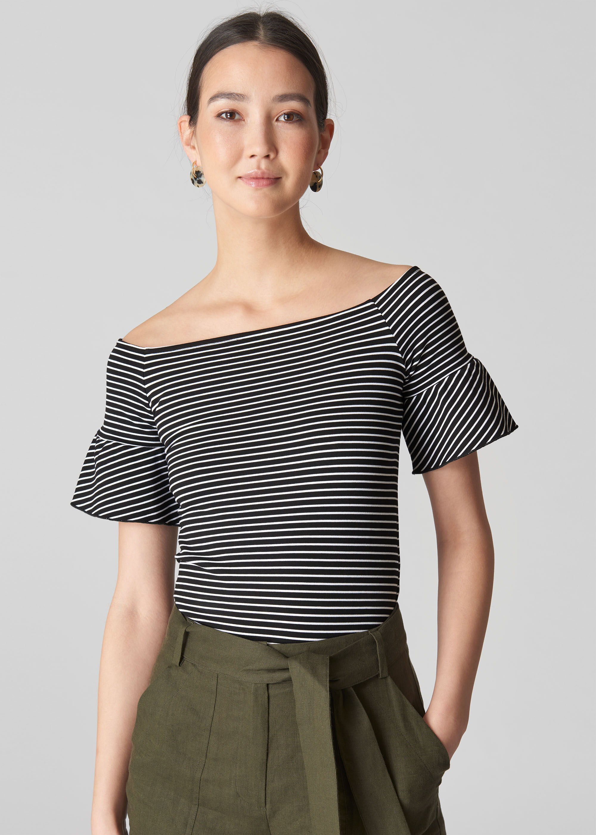 Striped bardot top store