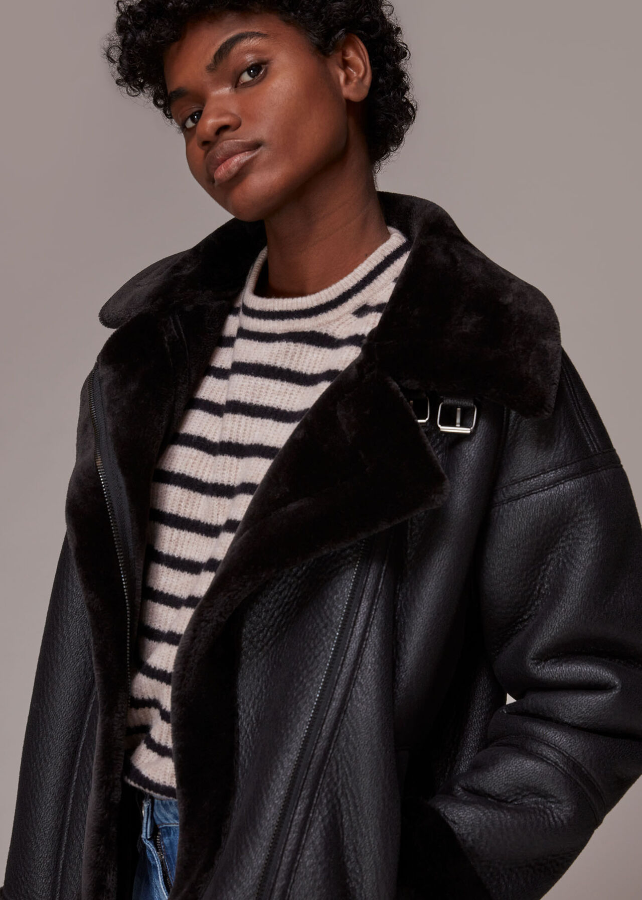 Black Faux Fur Biker Jacket with Full Zip | Whistles