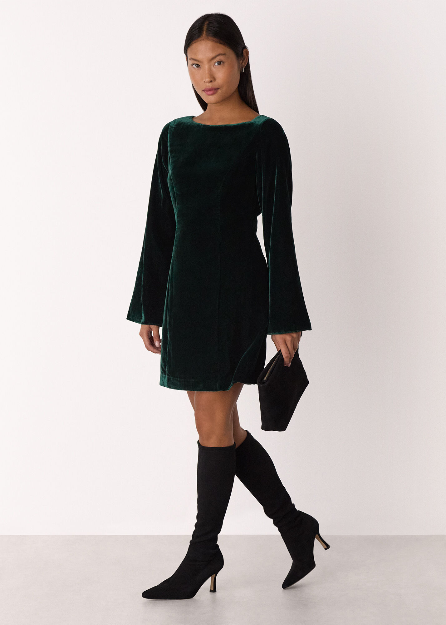 Forest Green Velvet Flare Sleeve Dress | WHISTLES | Whistles US |