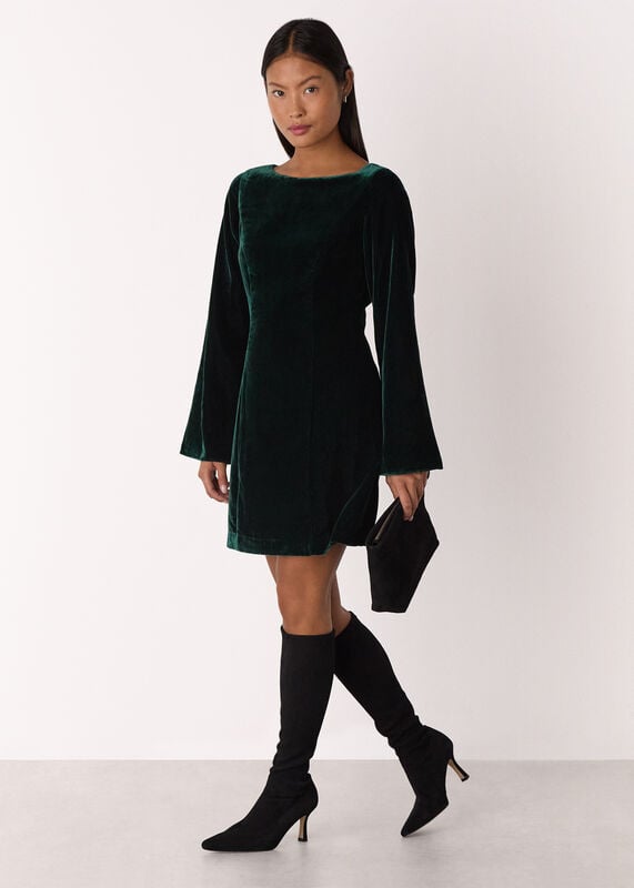 Forest Green Petite Velvet Flare Sleeve Dress