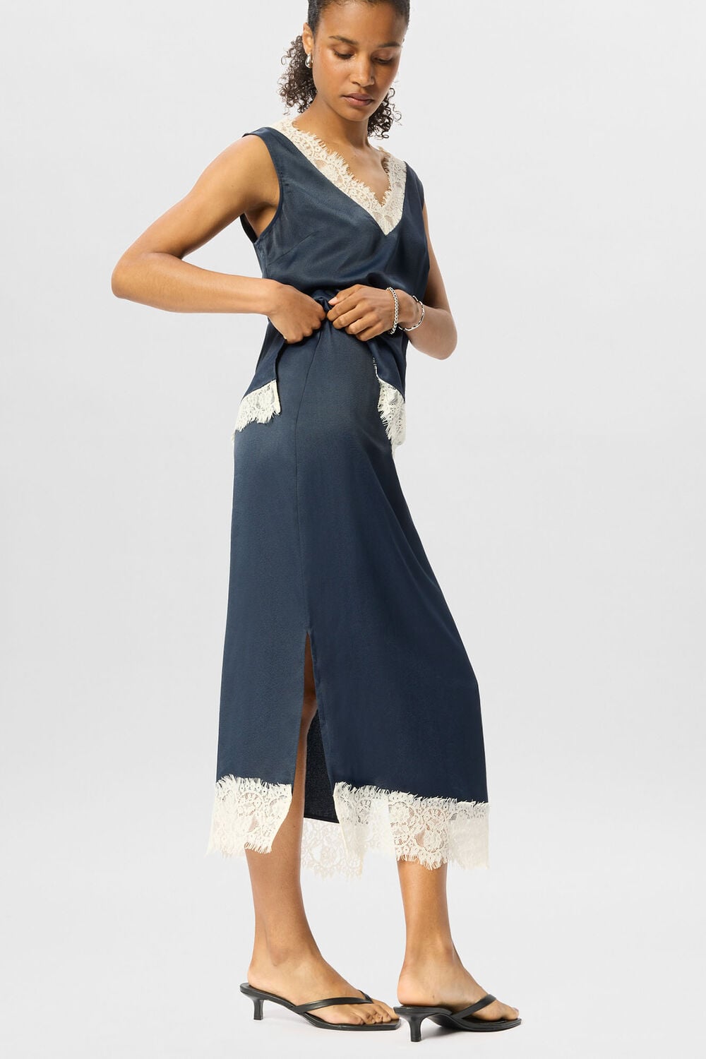 Lace Hem Satin Midi Skirt