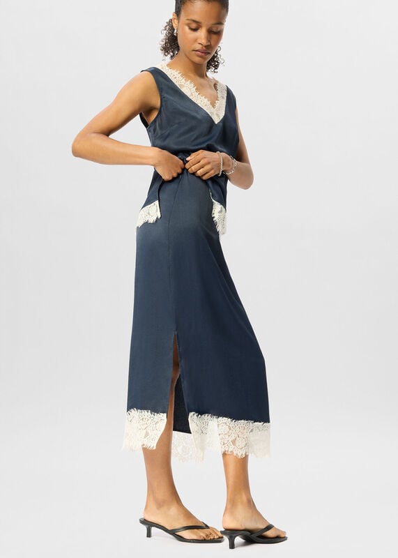 Navy Lace Hem Satin Midi Skirt
