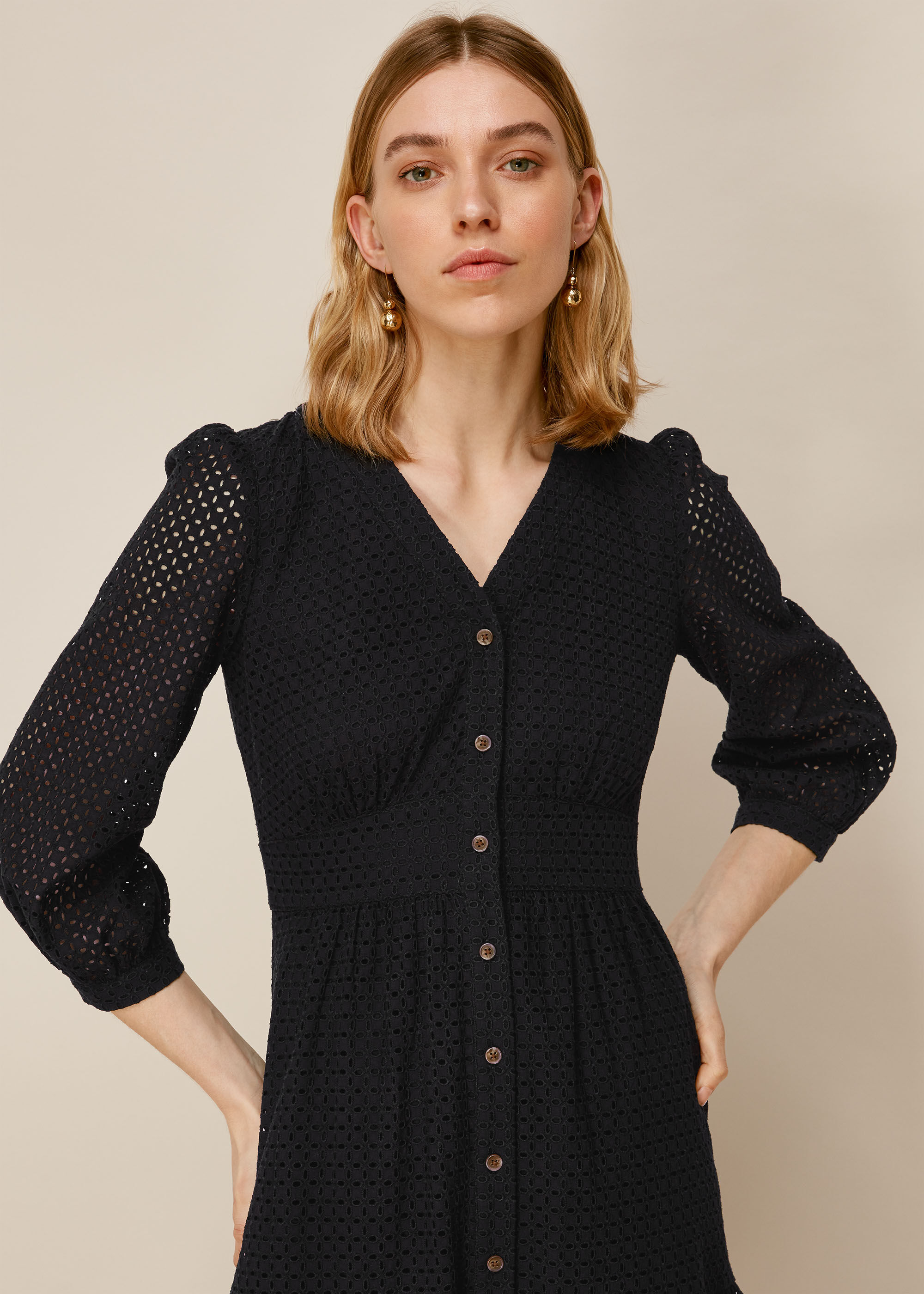Black Sara Midi Broderie Dress 