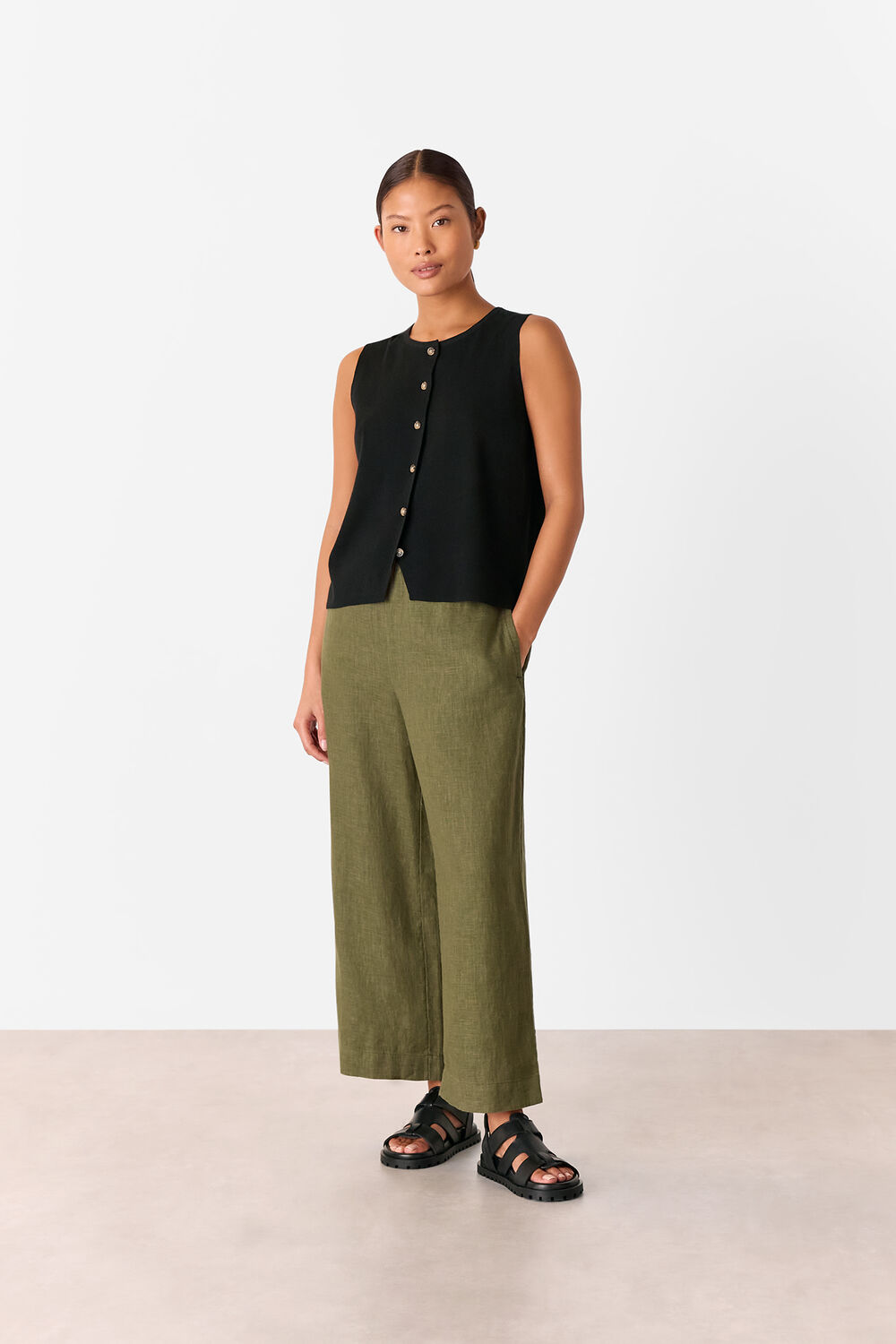 Khaki Petite Linen Pocket Trouser