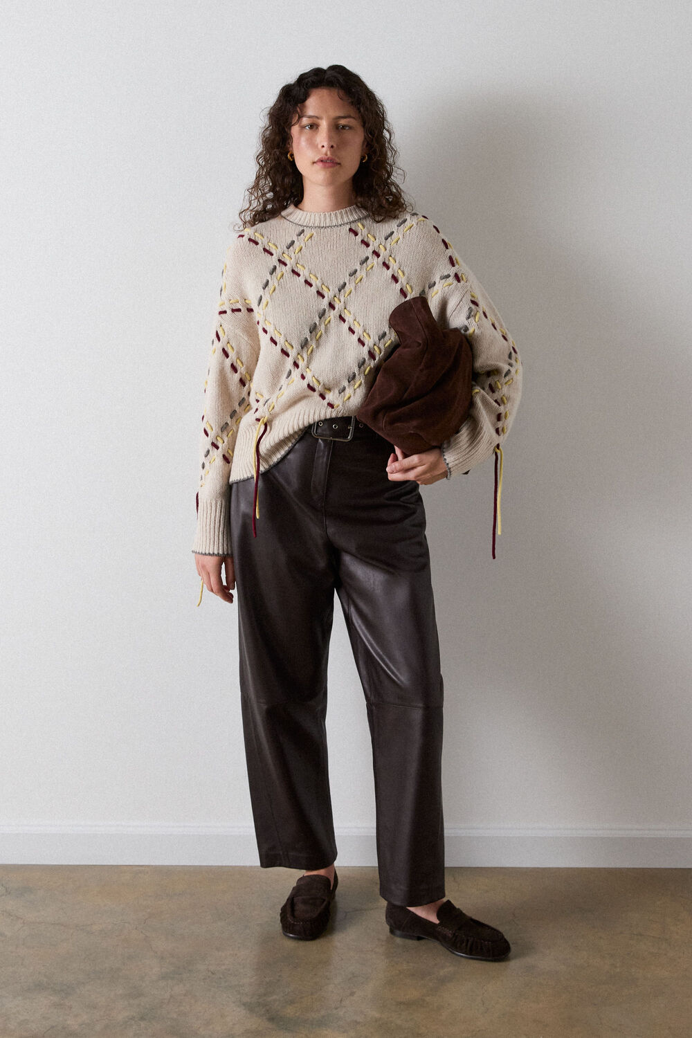 Ivory Fringed Argyle Check Knit