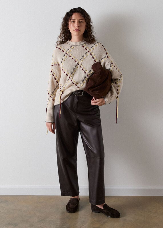Ivory Fringed Argyle Check Knit
