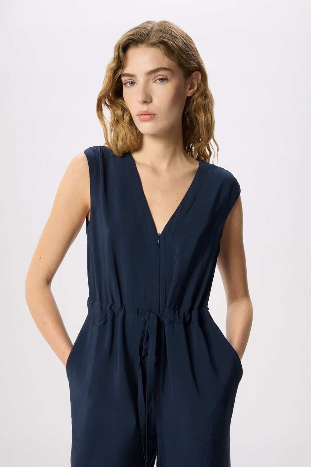 Navy V Neck Sleeveless Jumpsuit