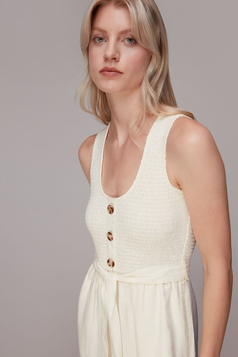 Ivory Shirred Linen Jumpsuit