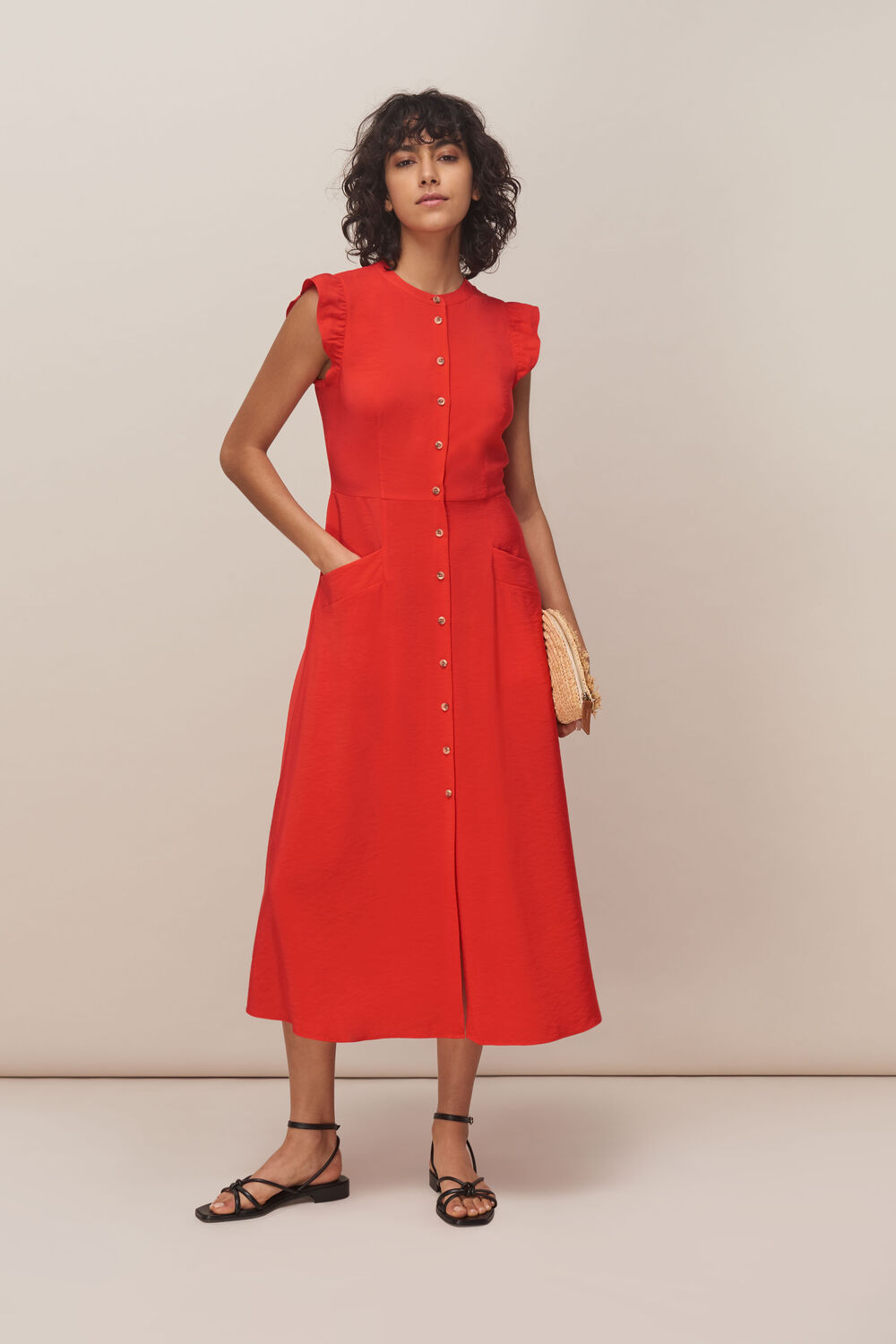 Frill Sleeve Button Dress Red