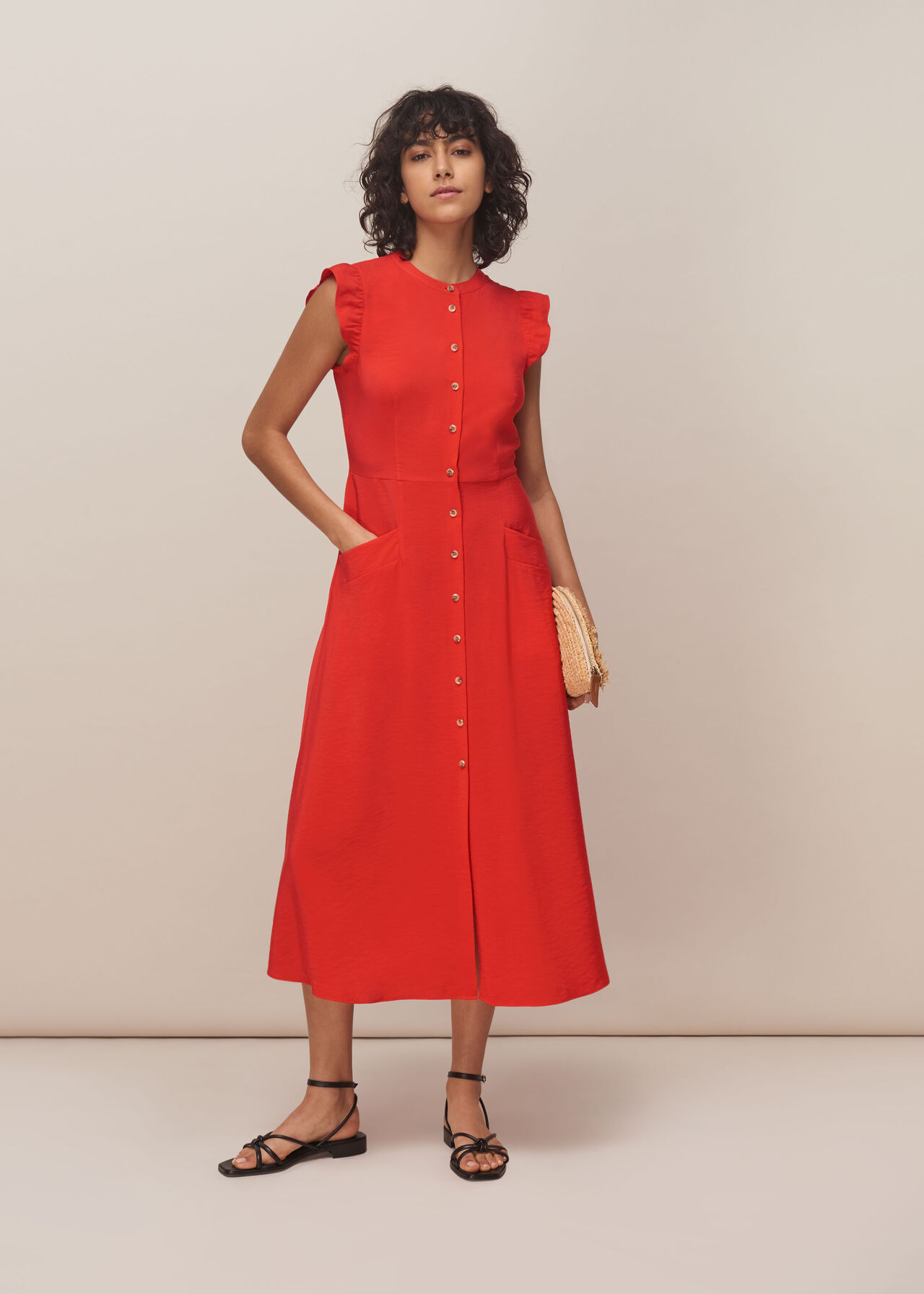 Frill Sleeve Button Dress Red