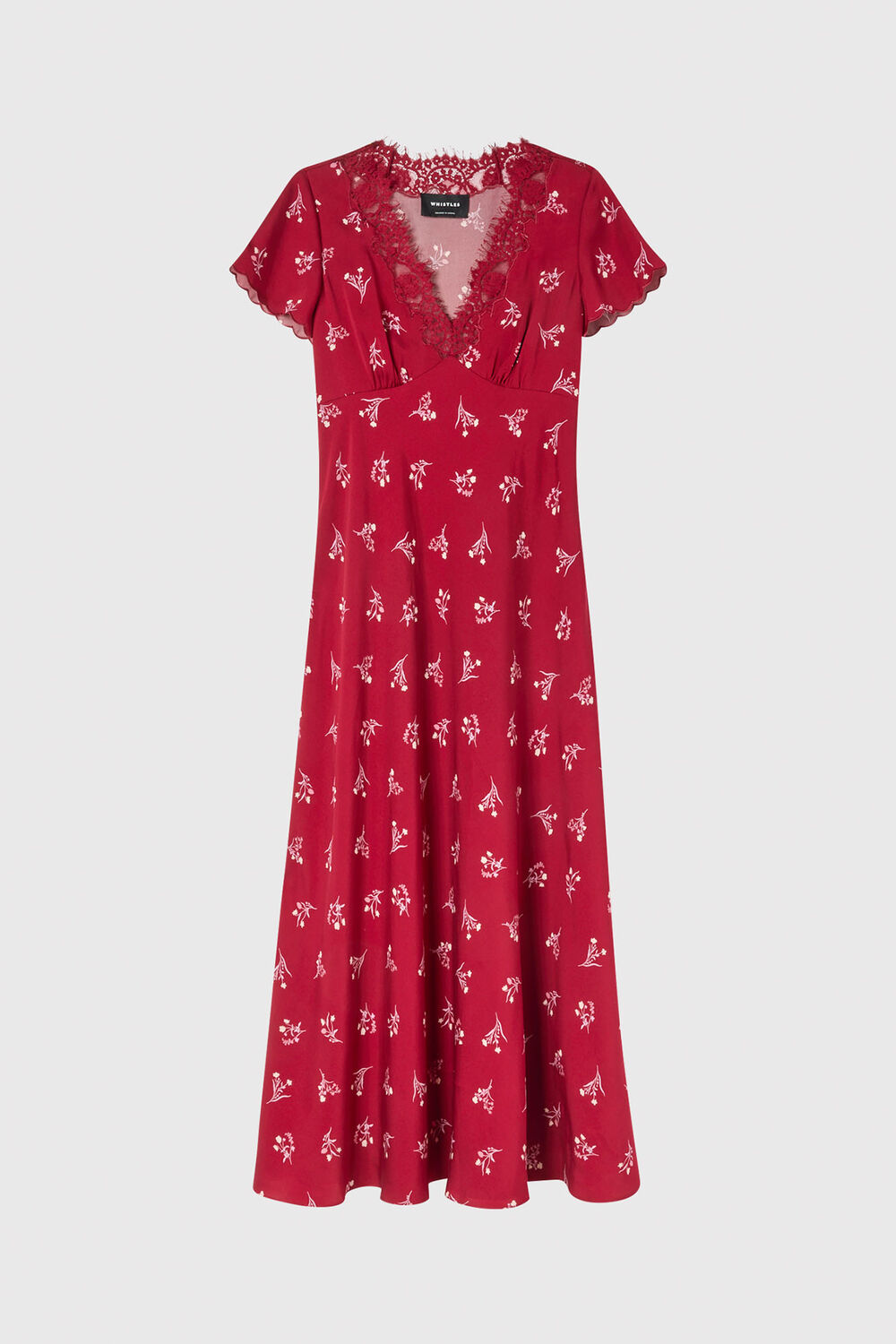 Burgundy Petite Floral Lace Trim Midi Dress