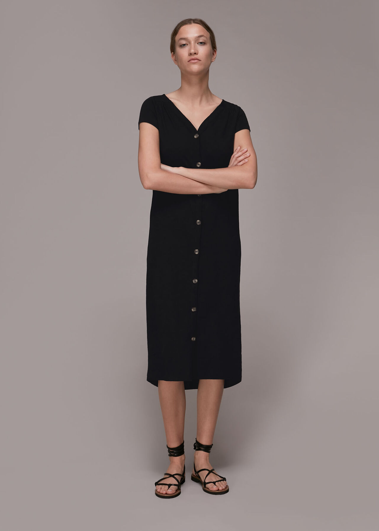 Black Leonie Button Through Dress | WHISTLES | Whistles UK