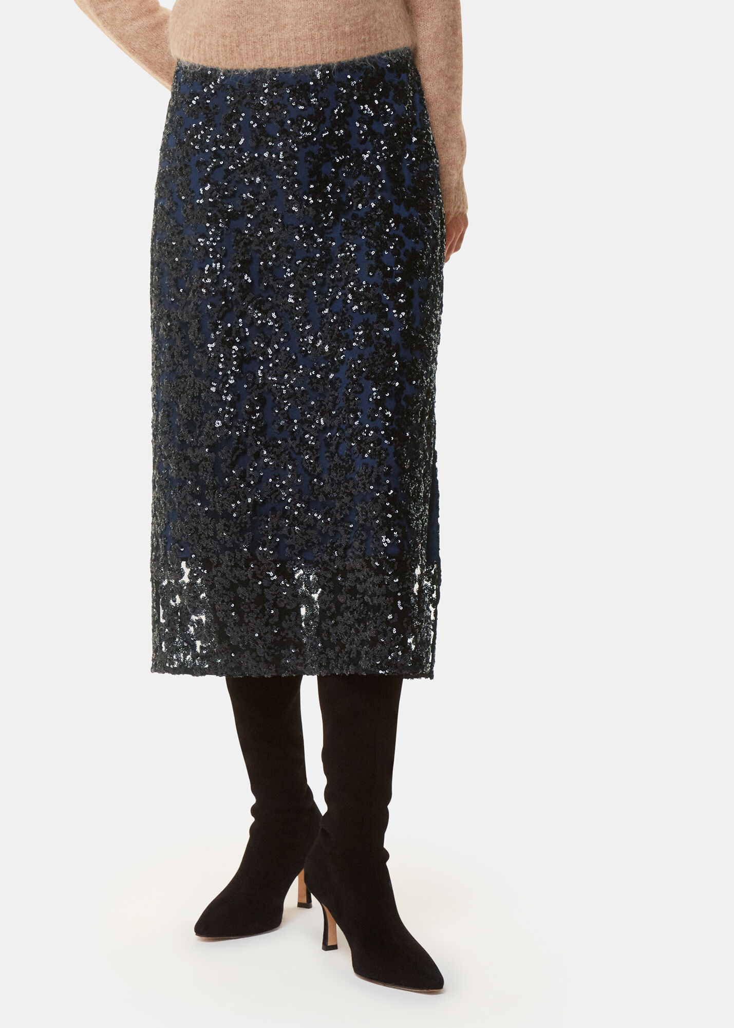 Black Multi Floral Sequin Midi Skirt WHISTLES Whistles ROW