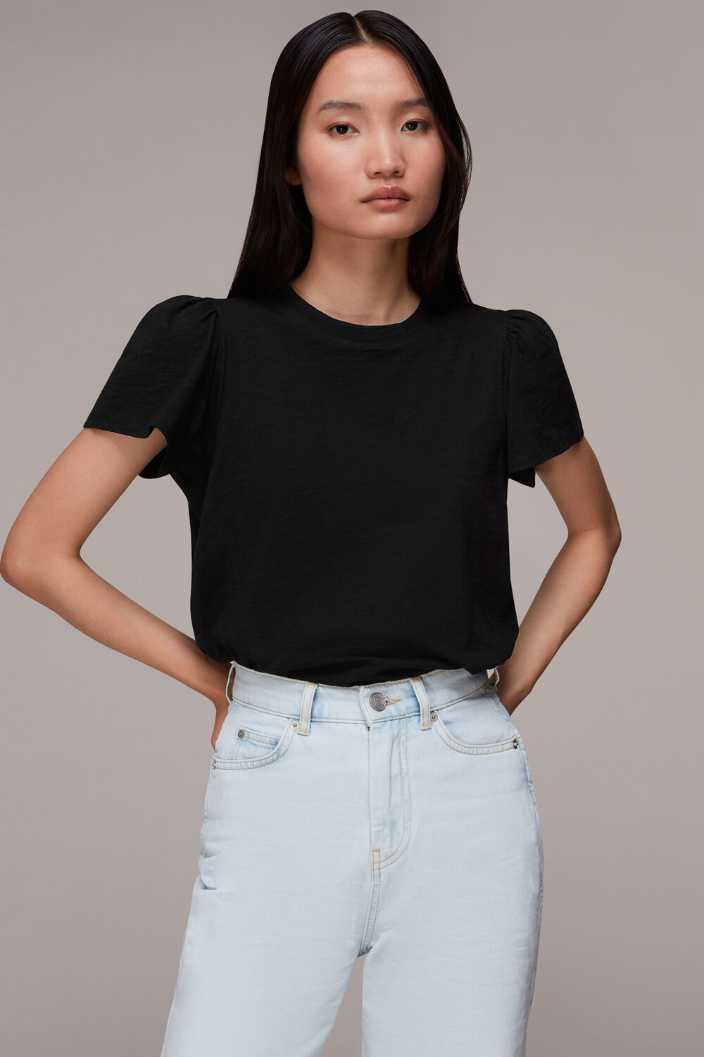 Black Cotton Frill Sleeve T Shirt