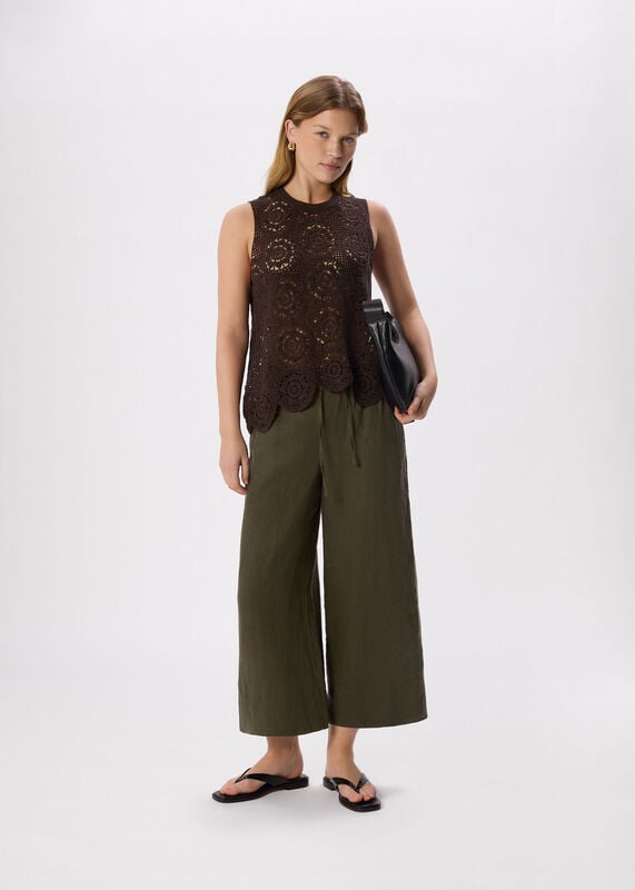 Khaki Elasticated Linen Crop Trouser