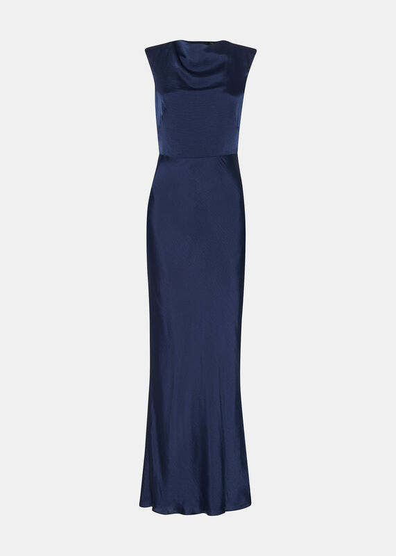 Navy Cowl Neck Satin Maxi Dress