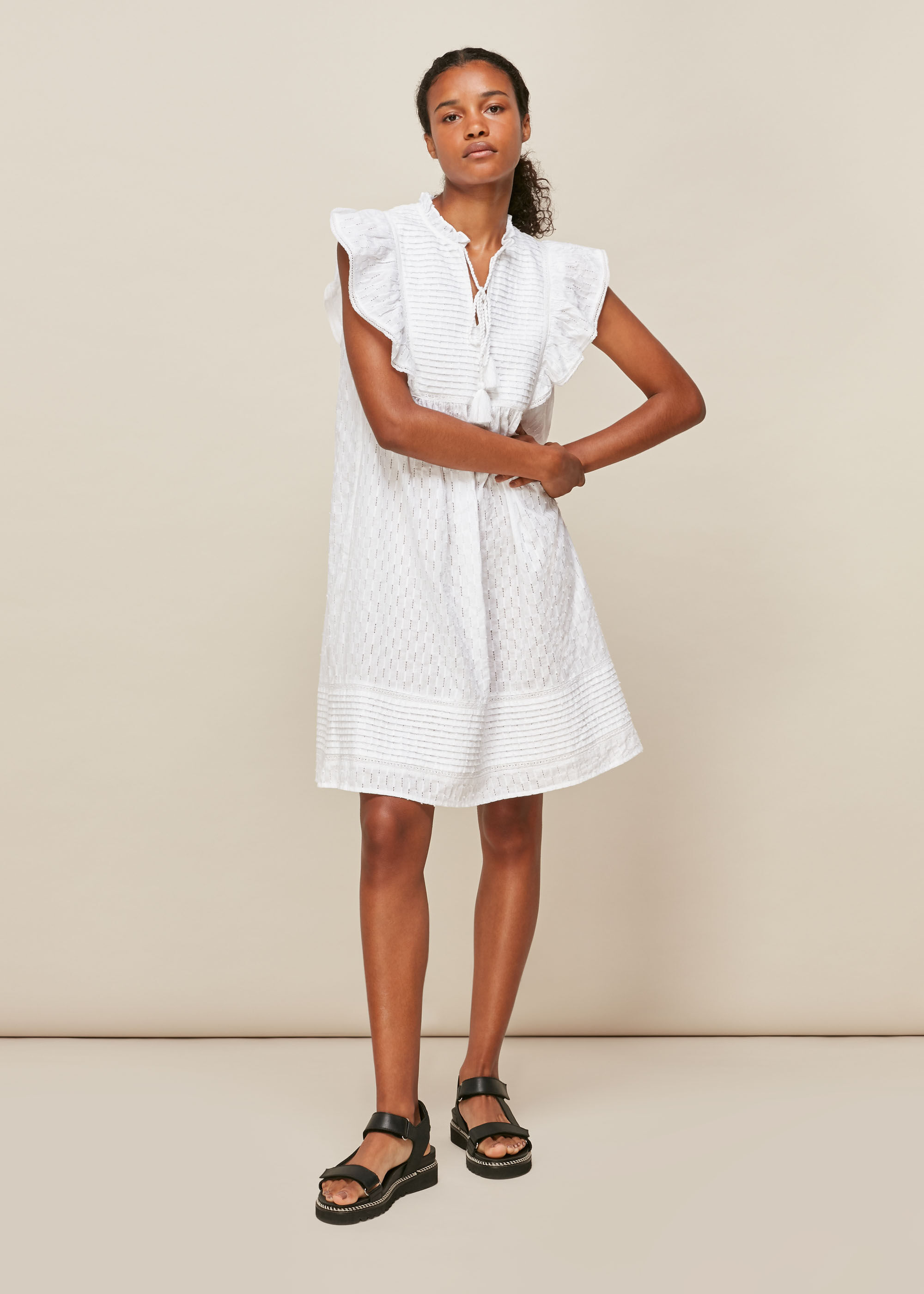 White Pintuck Frill Cotton Dress | WHISTLES | Whistles UK |