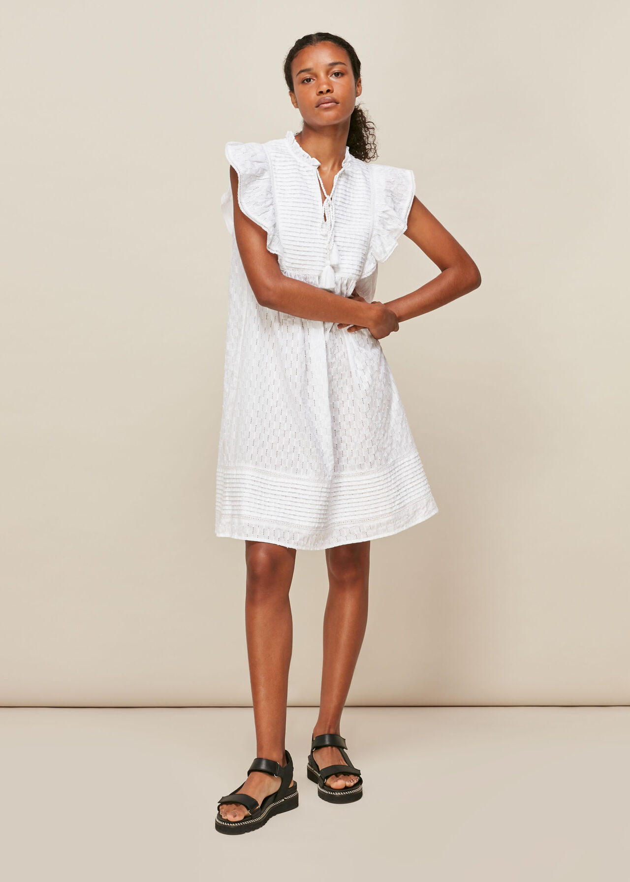 Pintuck Frill Cotton Dress