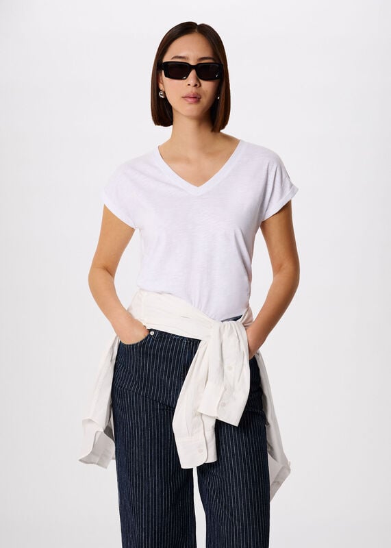 White Willa V-Neck Cap Sleeve Tee