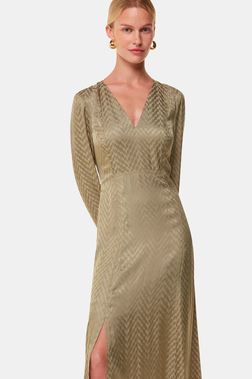 Khaki Jacquard Zig Zag Print Dress