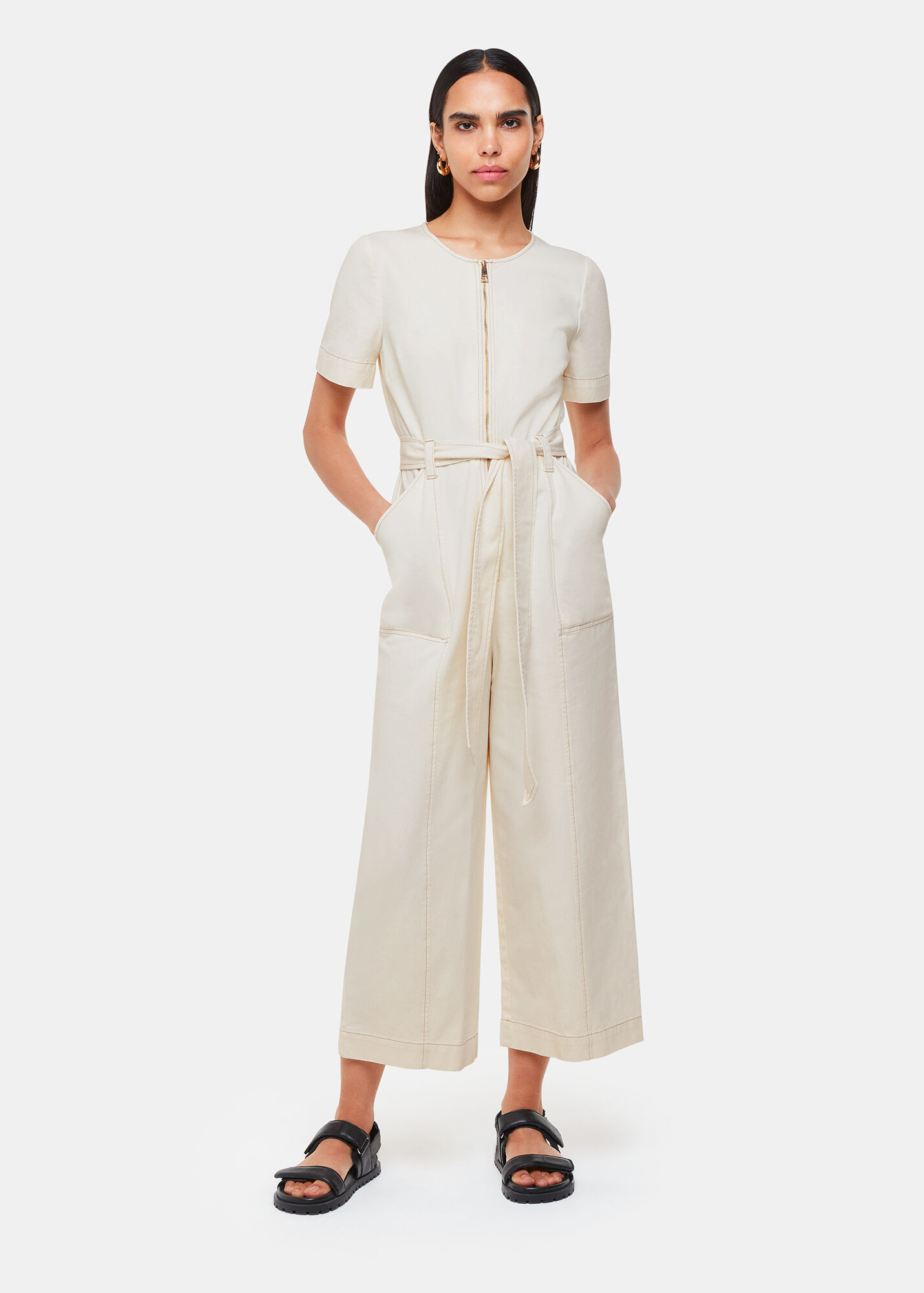 Ivory Short Sleeve Denim Jumpsuit WHISTLES