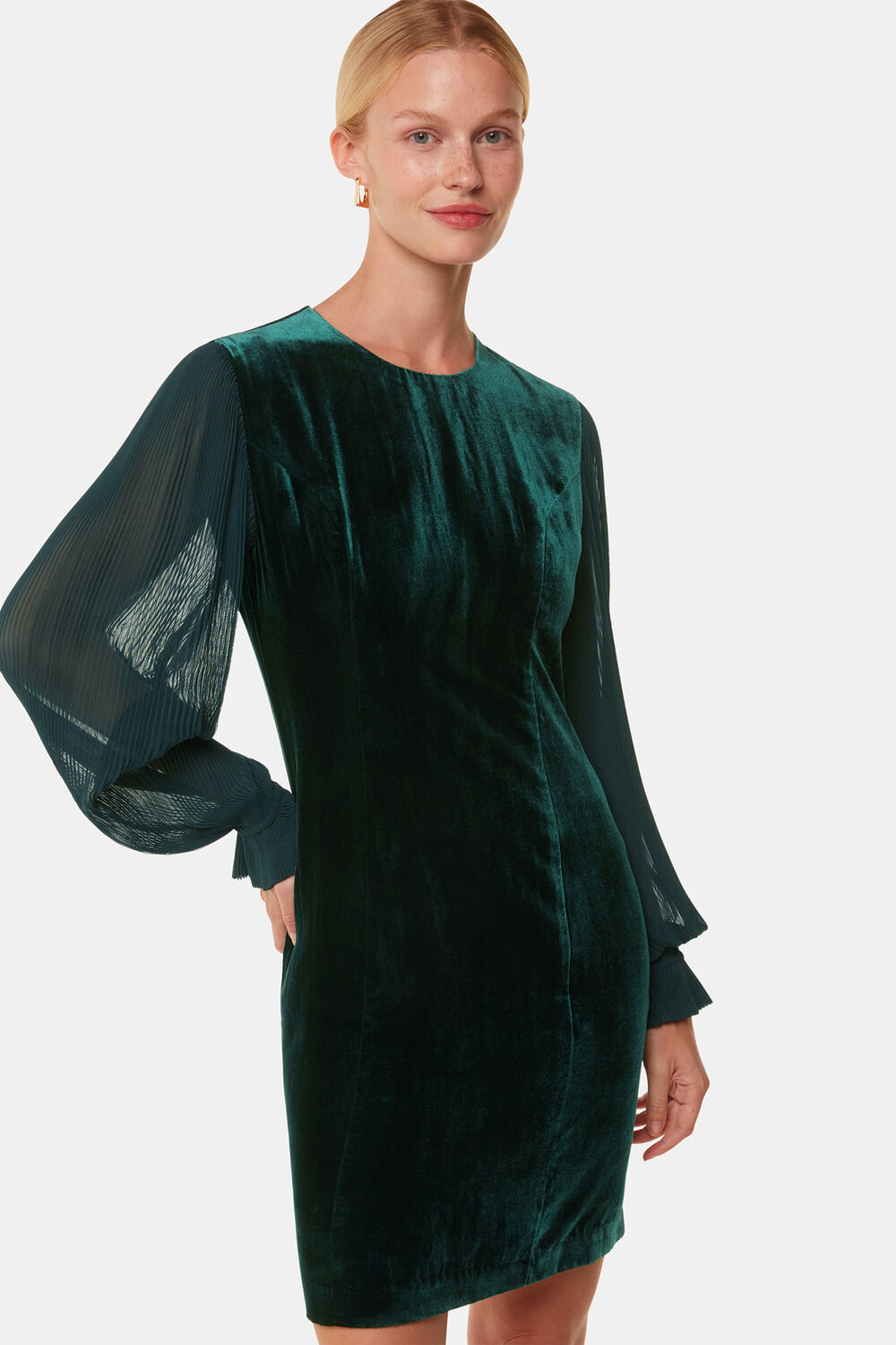 Dark Green Velvet Pleated Sleeve Dress