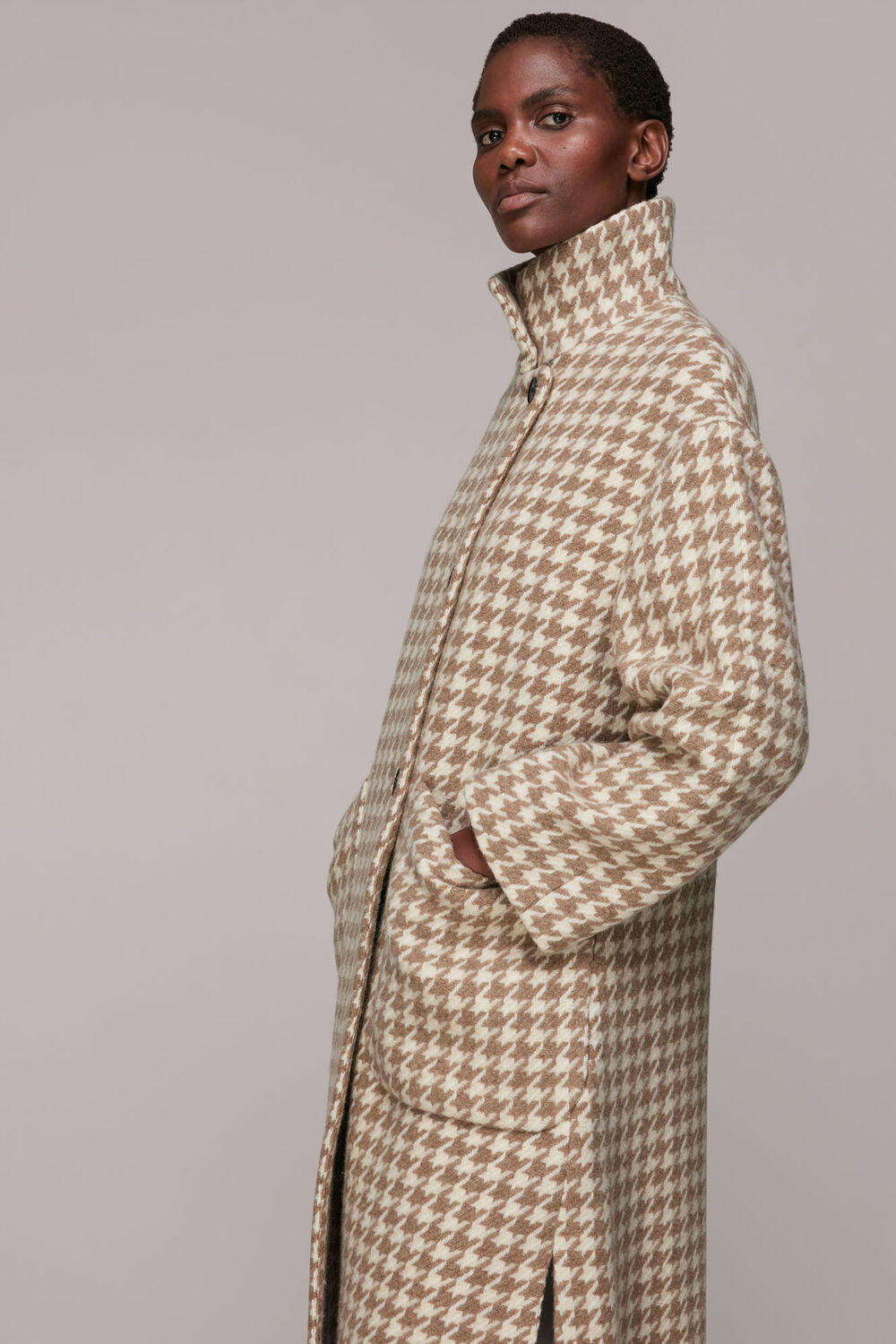 Dogstooth Funnel Neck Coat