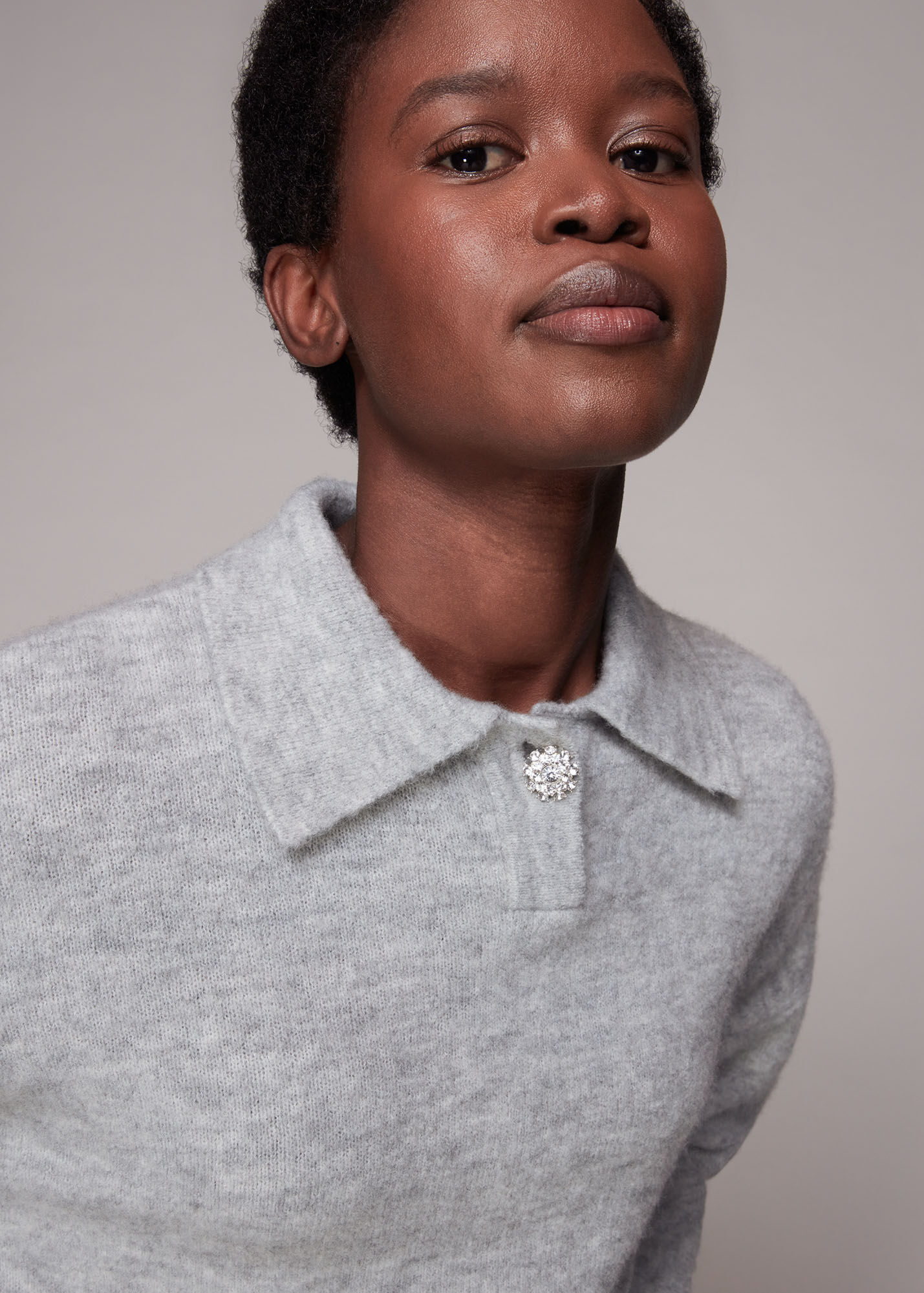 Grey Jewel Button Collar Sweater WHISTLES Whistles UK