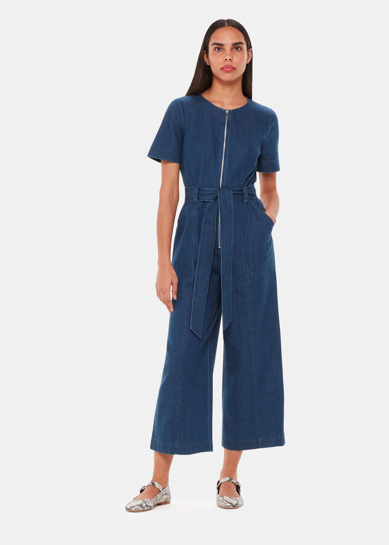 Blue Denim Short Sleeve Front Zip Jumpsuit | Whistles UK