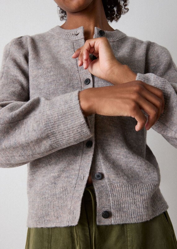 Neutral Wool Mix Puff Sleeve Cardigan