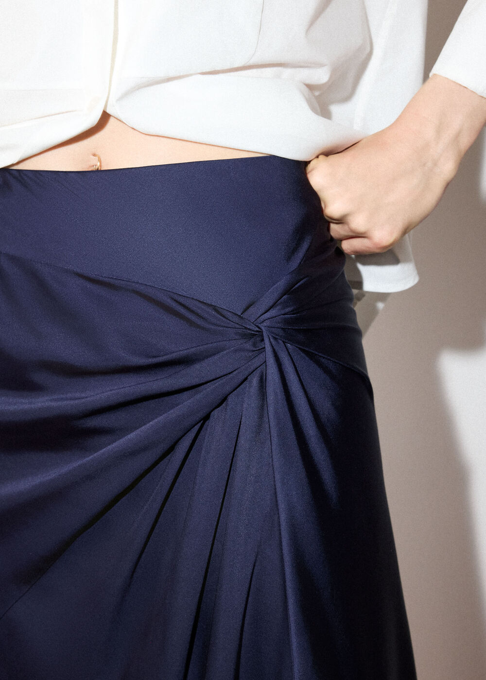 Navy Satin Twist Side Midi Skirt