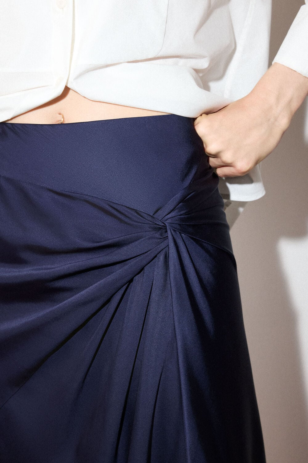 Navy Satin Twist Side Midi Skirt