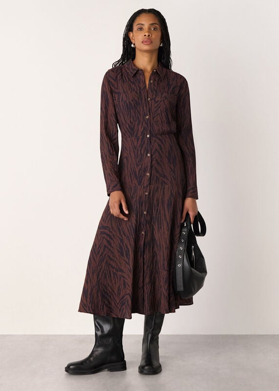Brown Zebra Collared Shirt Dress