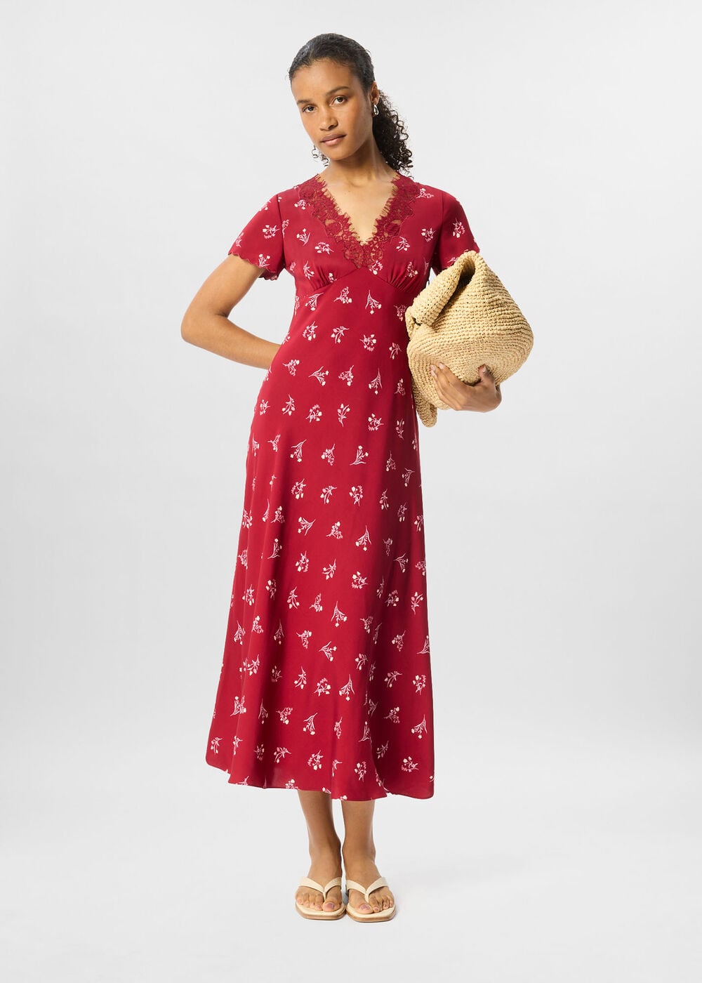 Petite Floral Lace Trim Midi Dress