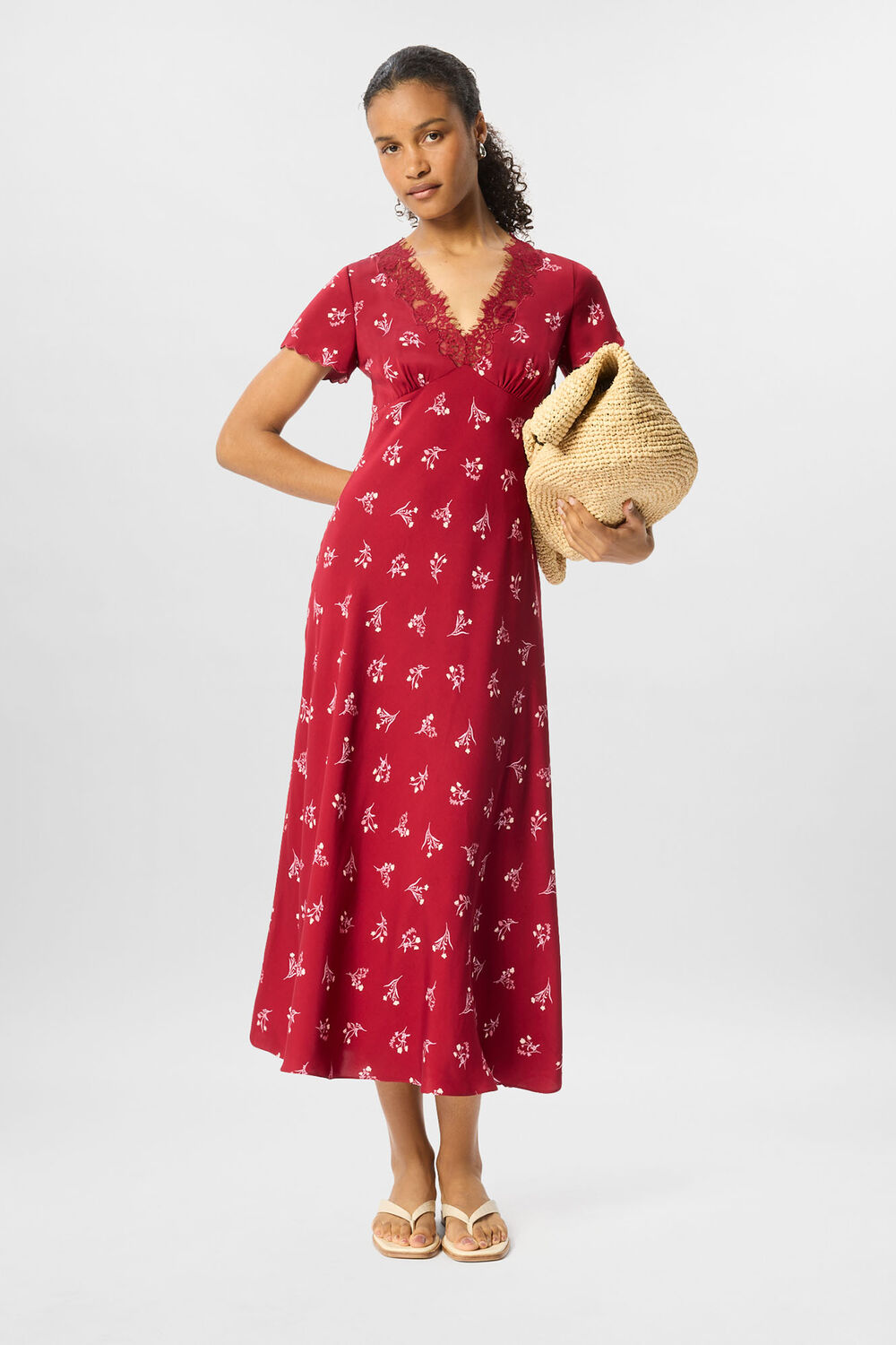 Burgundy Petite Floral Lace Trim Midi Dress