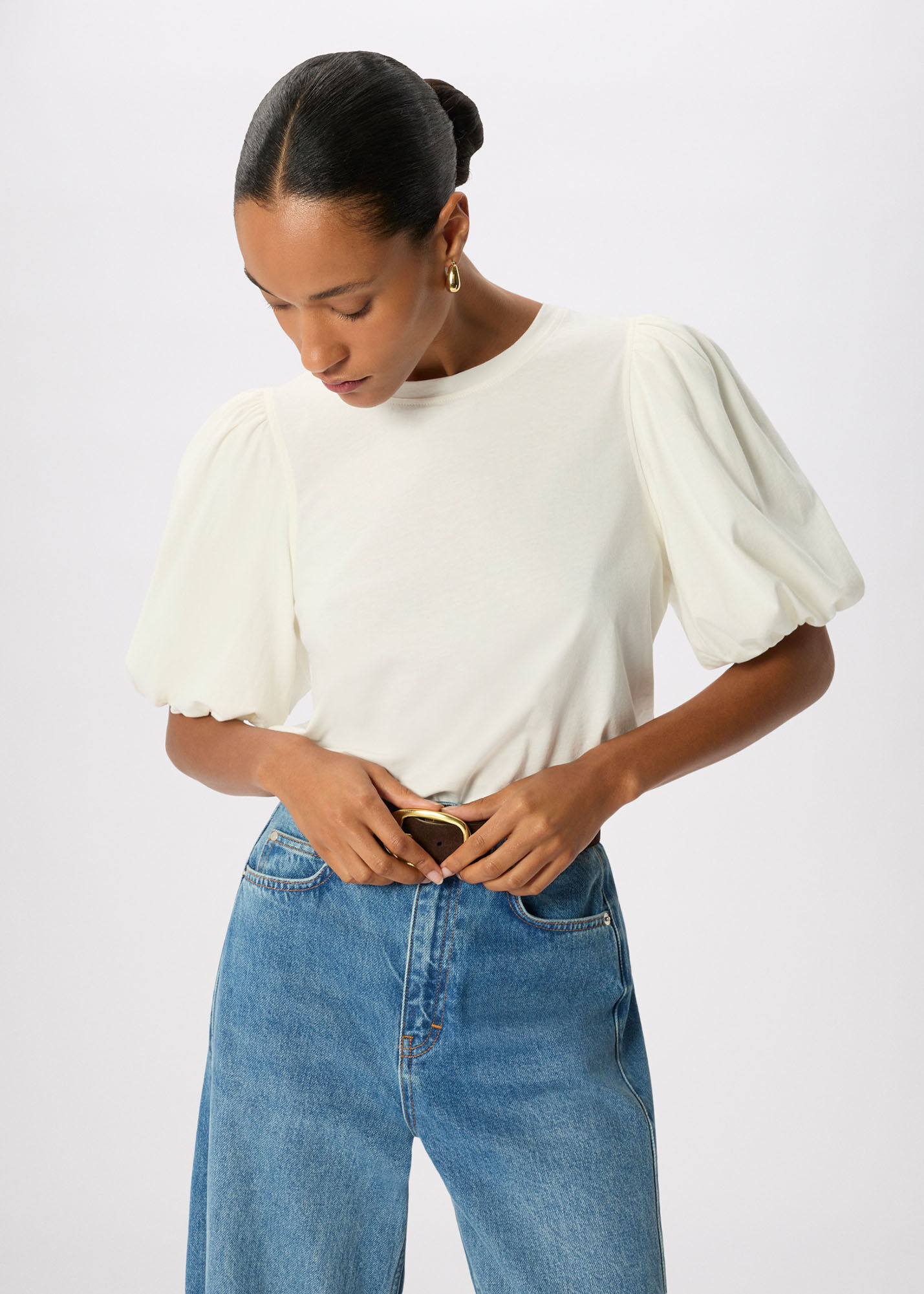 Ivory Puff Sleeve Detail Tee | WHISTLES | Whistles US |