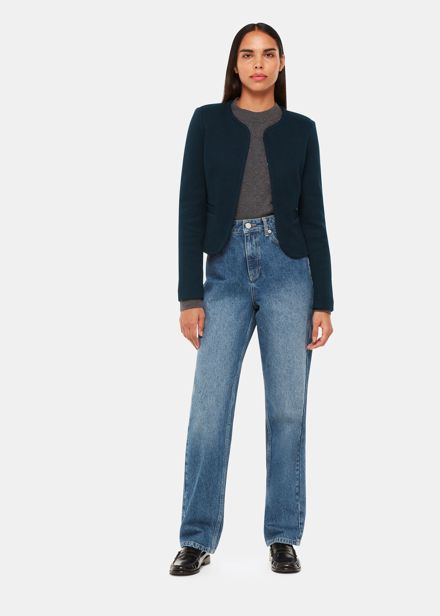 collarless navy jacket