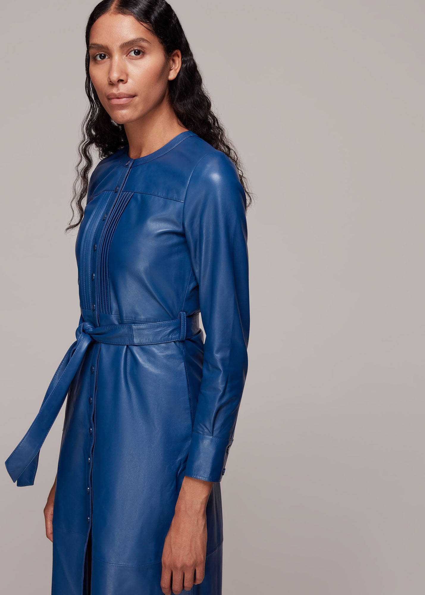 Navy Pintuck Leather Midi Dress WHISTLES Whistles UK