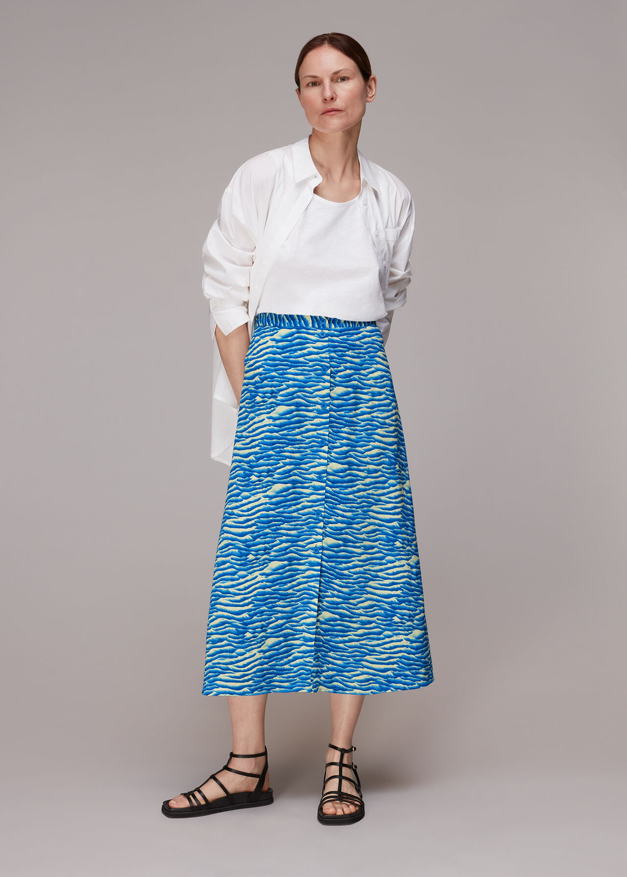 Blue/Multi Seafoam Button Front Skirt | WHISTLES | Whistles