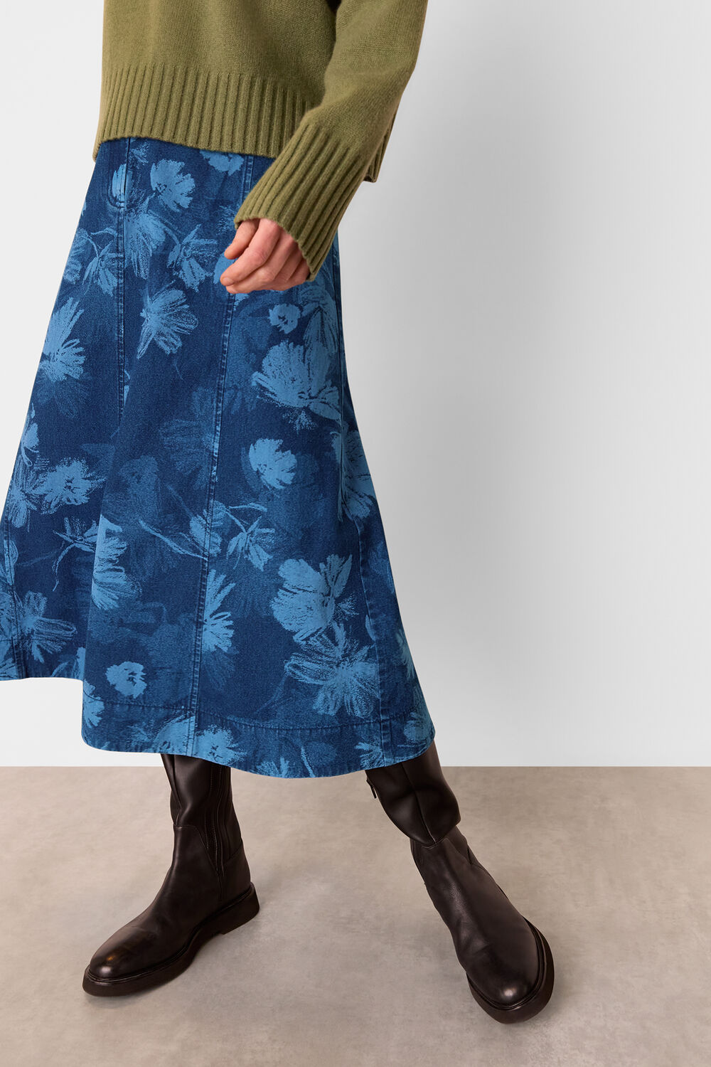 Denim Chalk Print Midi Skirt