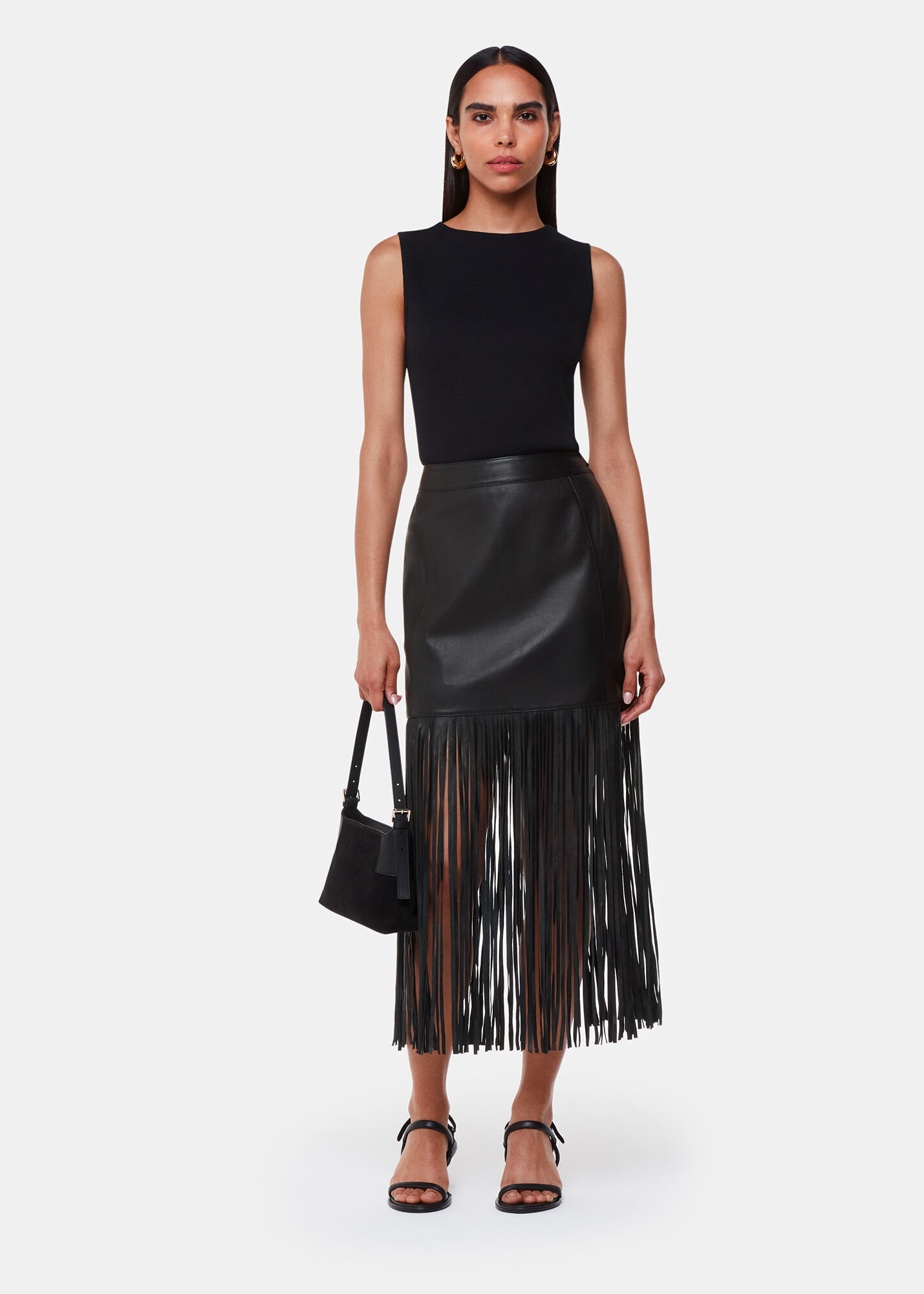 Black Leather Fringed Mini Skirt WHISTLES Whistles UK