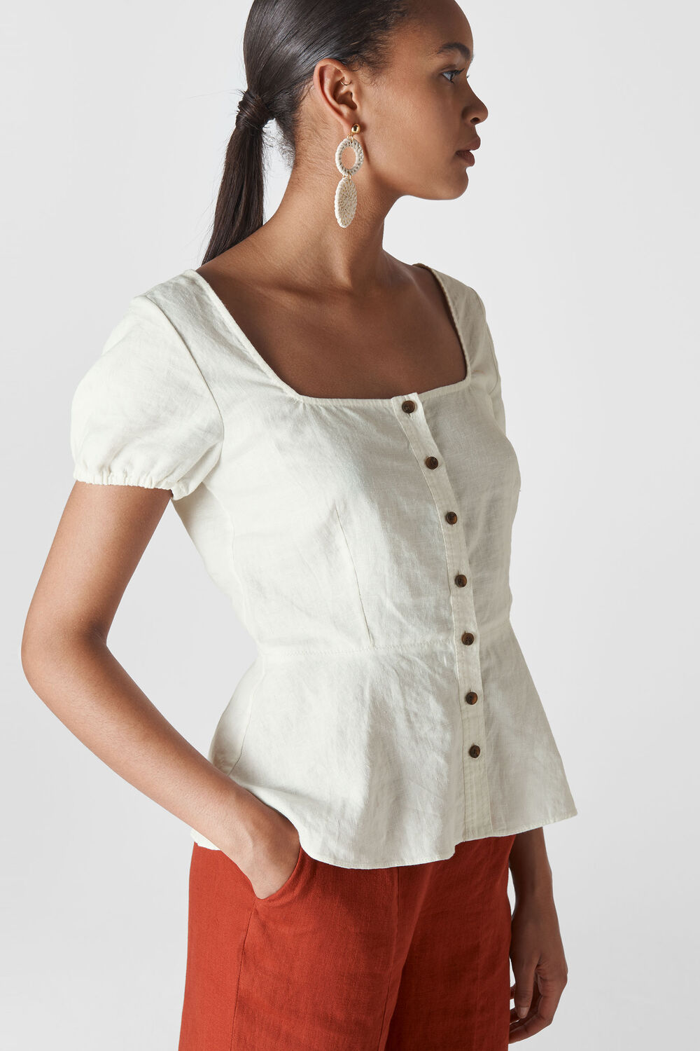 Alana Waisted Linen Top Ivory/Multi