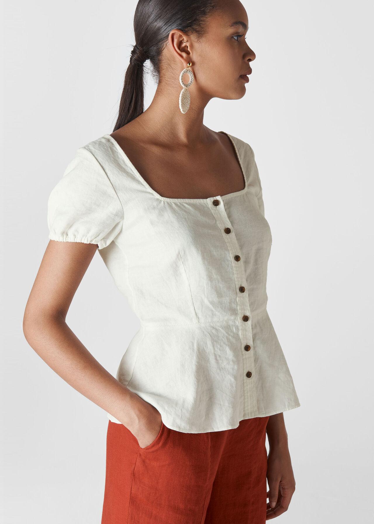 Alana Waisted Linen Top Ivory/Multi