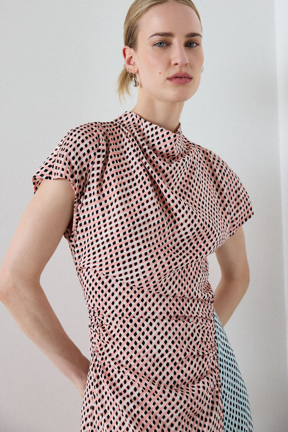 Graphic Check Cowl Neck Dress