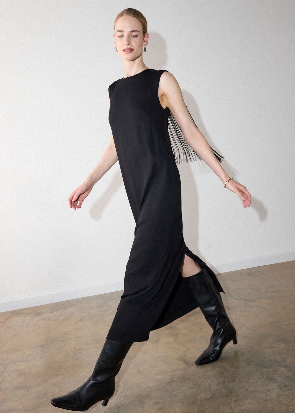 Black Fringe Back Midi Dress