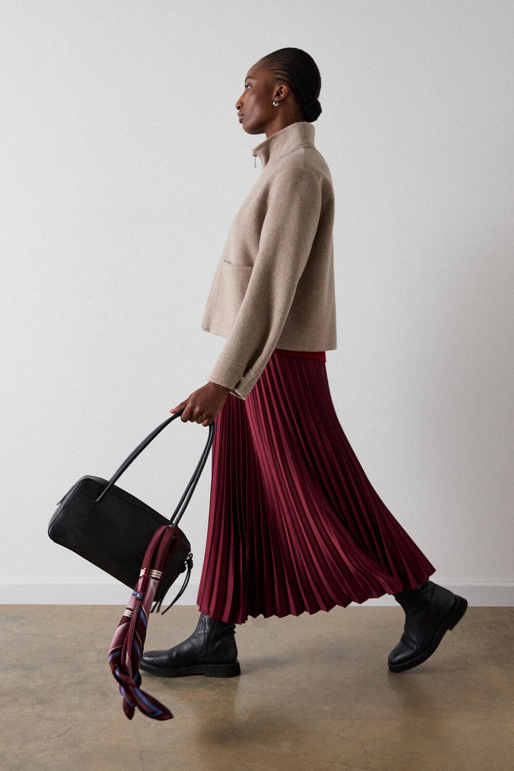 Burgundy Petite Satin Pleated Midi Skirt